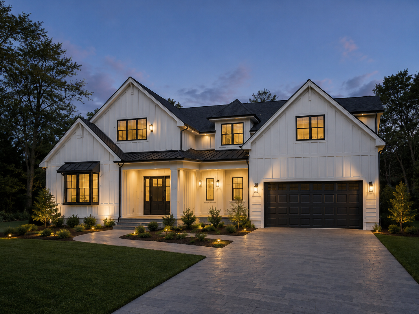 Premium custom home built by Island Breeze Construction at dusk in New Jersey
